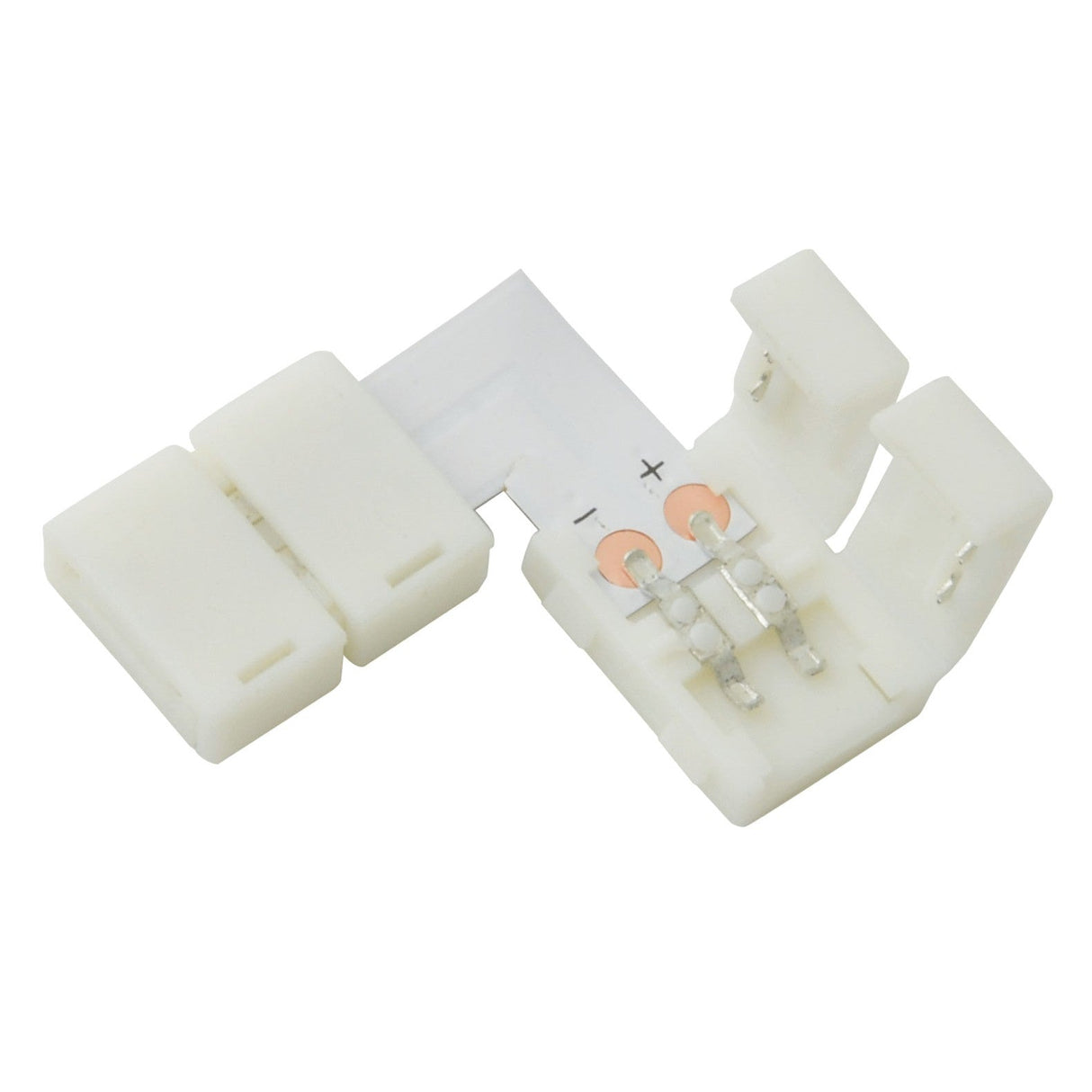 The LYYT 8mm Single Colour LED Strip L Connector, available in a pack of five, features two parallel slots and visible metal contacts, specifically designed for linking single color LED tape kits. The connector is open, showcasing its internal components against a plain white background.