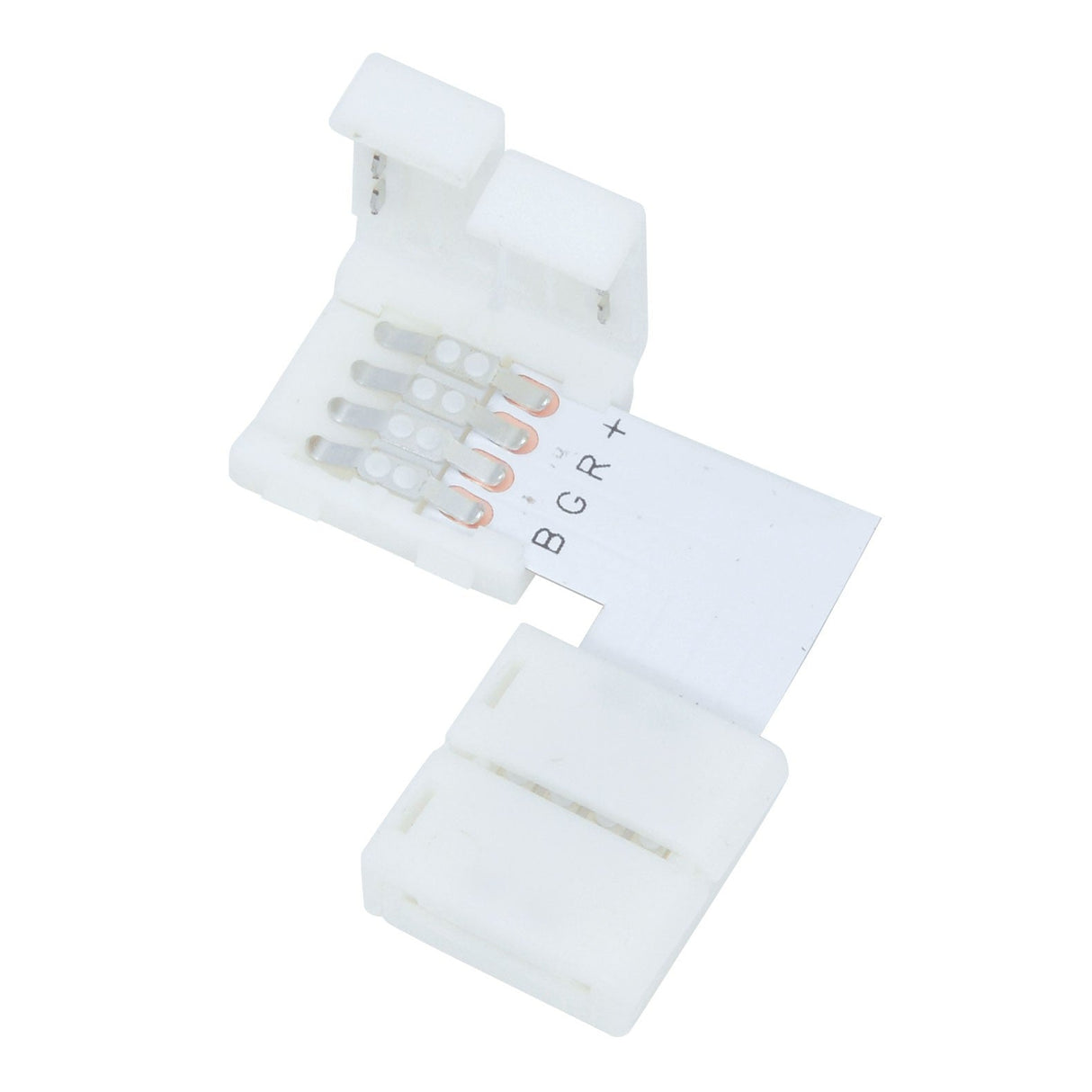 The LYYT RGB LED Strip L Connector 10mm (5 Pack), ideal for RGB LED tape kits, features labeled terminals BGR+ on a flat section. The open design reveals metallic contacts inside, making it perfectly suited for use with Lyyt RGB LED light strips.