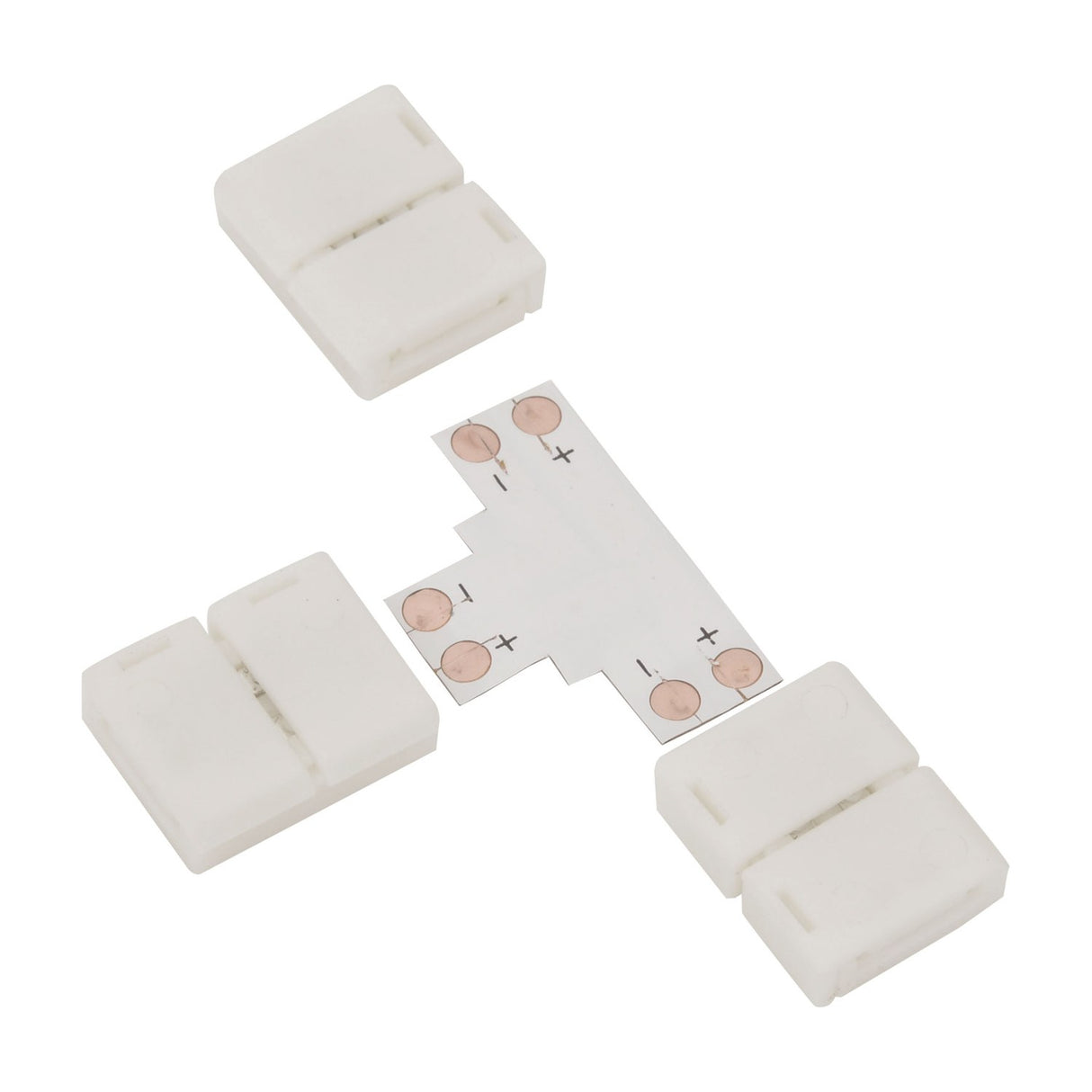 LYYT 8mm single colour LED strip T connector with three white snap-fit clamps and central copper-padded PCB branch, shown on a white background.
