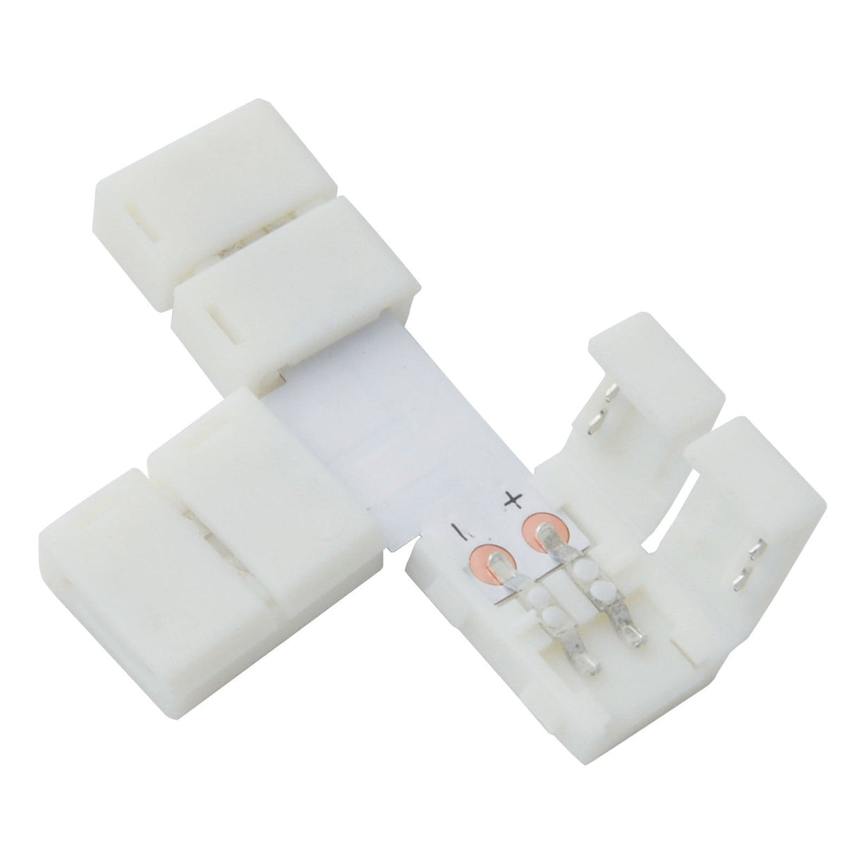 The LYYT 8mm Single Colour LED Strip T Connector, available in a pack of five, is designed to connect single colour LED tape. It features visible positive and negative terminals and three ports for wiring connection, making it perfect for use with Lyyt LED tape kits.