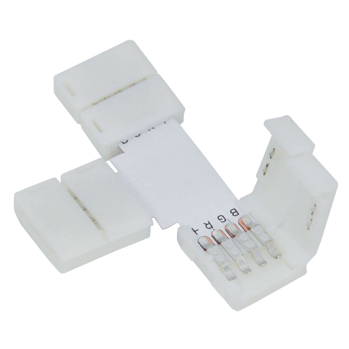 The LYYT RGB LED Strip T Connector 10mm (5 Pack) is a white, L-shaped connector with four metal contacts, perfect for DIY LED tape kits. It's specifically designed to connect flexible LED strips at right angles, making it an ideal addition to your customizable Lyyt LED tape kit projects.