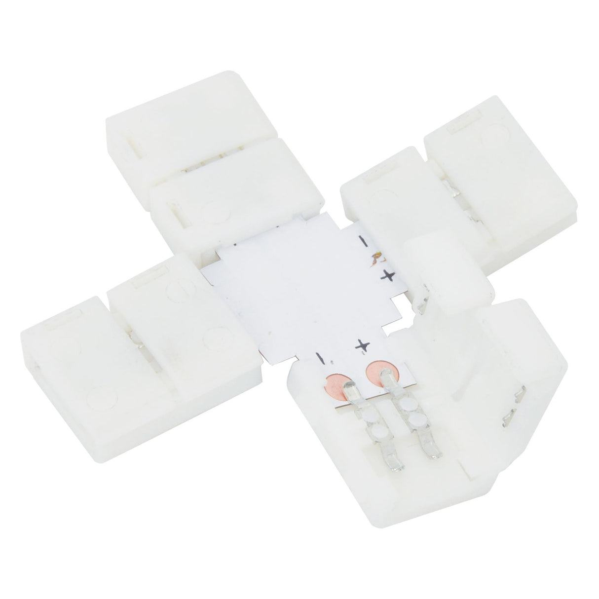 A close-up of the LYYT 8mm Single Colour LED Strip X Connector in white plastic, featuring multiple slots with visible metal contacts for wires or cables. This cross-shaped connector, with its four arms, is ideal for use in LED tape connectors or Lyyt LED tape kits.
