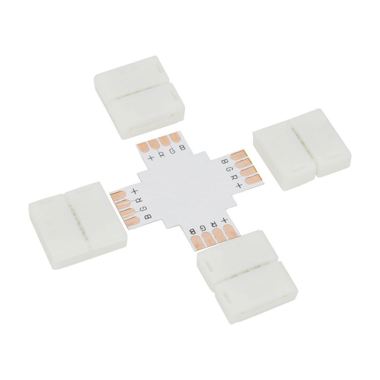 LYYT RGB LED Strip X Connector by AVSL, a white four-way 10mm junction piece with exposed copper RGB contact pads and four snap-fit clips.