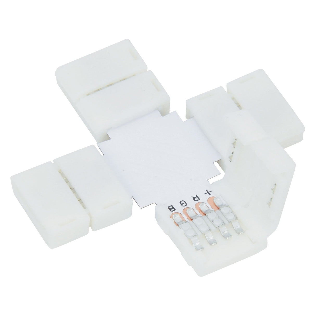The LYYT RGB LED Strip X Connector 10mm (5 Pack) includes connectors with four input slots for power and color coordination. Equipped with visible copper contacts, these connectors ensure precise alignment and secure attachment of LED strips using snap-fit technology, perfectly integrating into Lyyt LED tape kits.