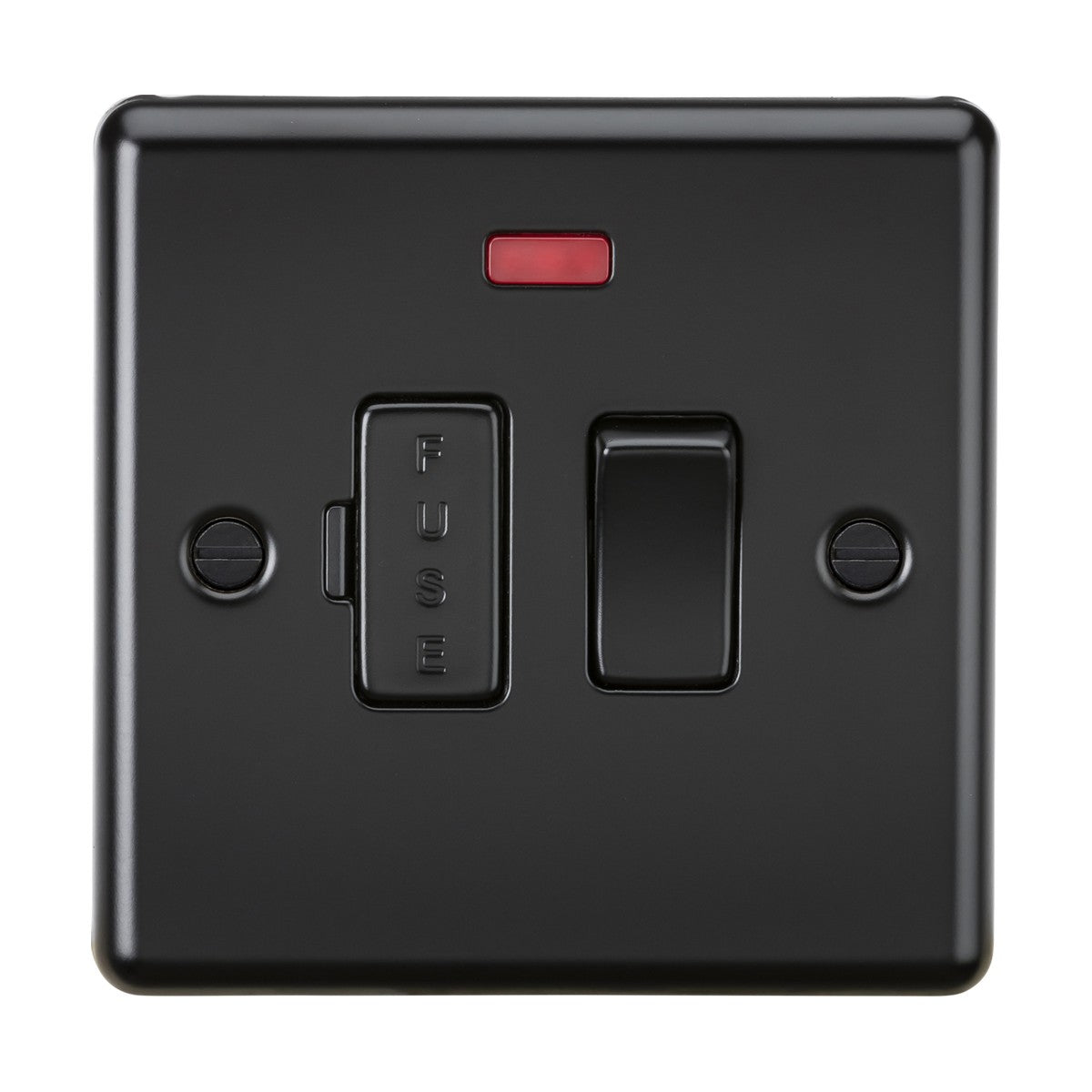 Introducing the 13A Switched Fused Spur Unit Neon in a chic matt black finish with rounded edges. This sleek, double pole switch features a red neon light indicator and includes a fuse indicator. Its sophisticated design is complemented by a faceplate with neatly visible screw fittings on each side.