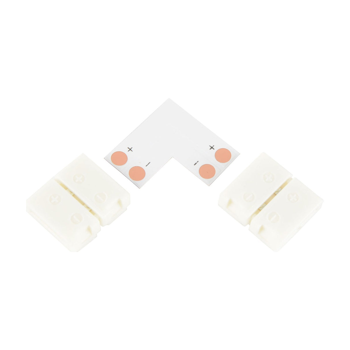 LYYT 10mm single colour LED strip L connector by AVSL, showing the L-shaped PCB with copper contact pads and two white snap-fit housings on a plain background.