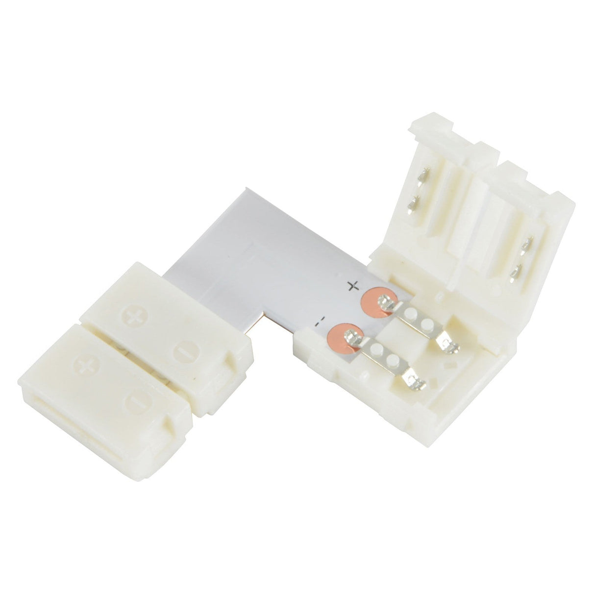 A white L-shaped connector from the Lyyt brand, designed for 10mm single colour LED tape, featuring two slots with metallic contacts and a snap-on cover for easy compatibility with Lyyt professional LED strips. Available in a pack of five.