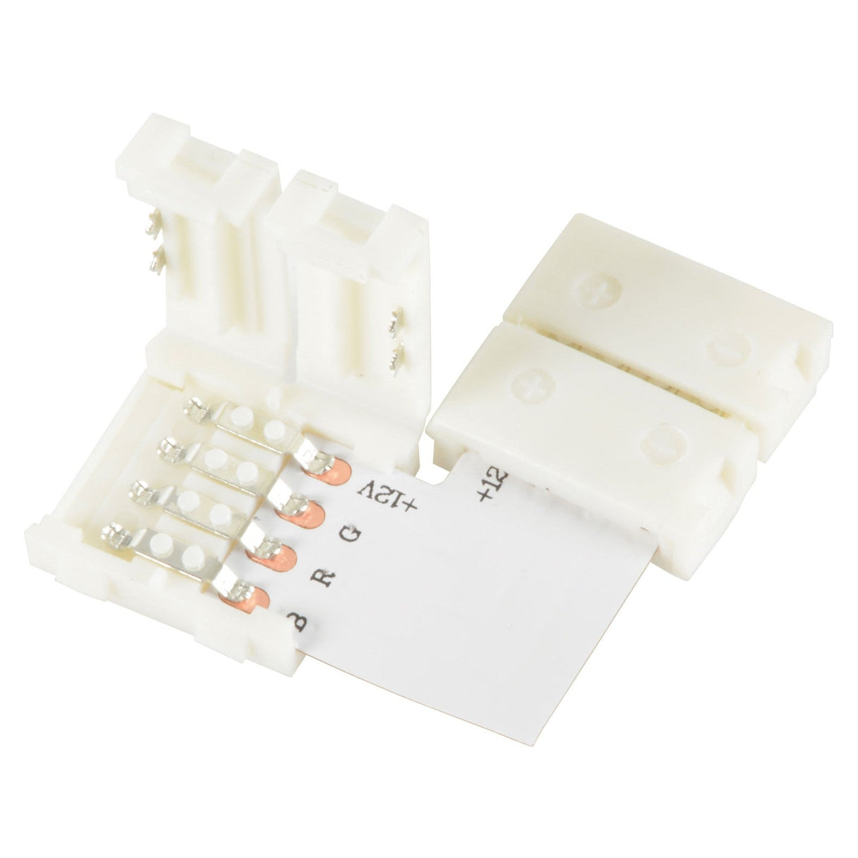 The image displays a white LYYT RGB LED Strip L Connector 12mm, showcasing markings for +12V, R, G, and B. This snap-fit connector includes two hinged parts that reveal metal contacts inside. It is open, showing a strip section with circuit paths perfectly aligned to the contacts.