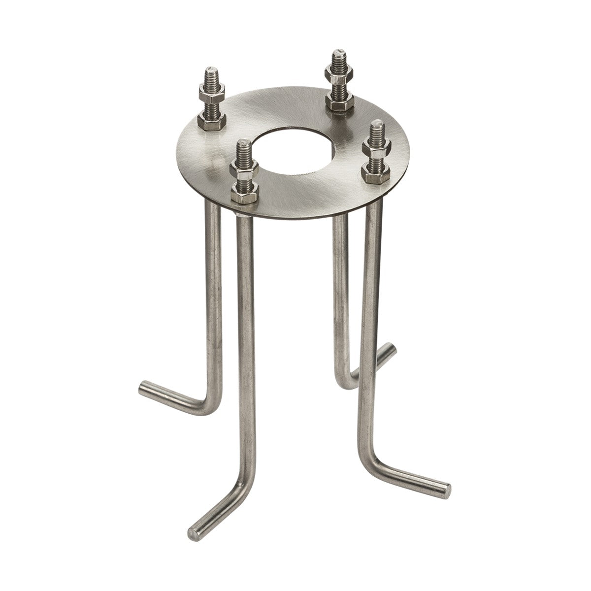The Bollard Mounting Kit includes a stainless steel bolt cage with four L-shaped legs and a circular top plate featuring four vertical bolts. It is ideal for anchoring applications and offers a durable design, making it perfect for installation in concrete to ensure secure support.