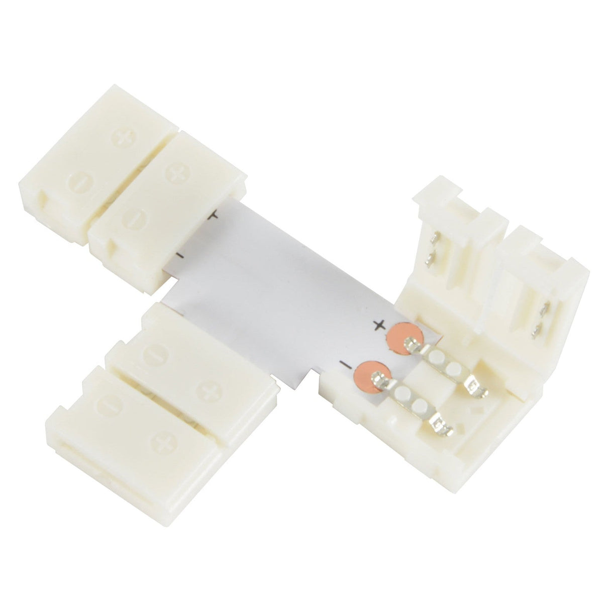 The Lyyt Single Colour LED Strip T Connector 10mm (5 Pack) is a professional solution featuring a white L-shaped design with two connecting ends and a detachable middle section for flexible corner connections, ideal for single colour LED tape setups.