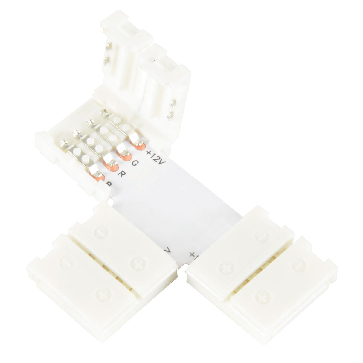 The LYYT RGB LED Strip T Connector 12mm, shown in white with an L-shaped snap-fit design, features four metal contact points. It accommodates two sections for RGB LED tape to securely clip into, each section offering three visible screw holes for stable attachment, making it ideal for Lyyt professional LED tape setups.