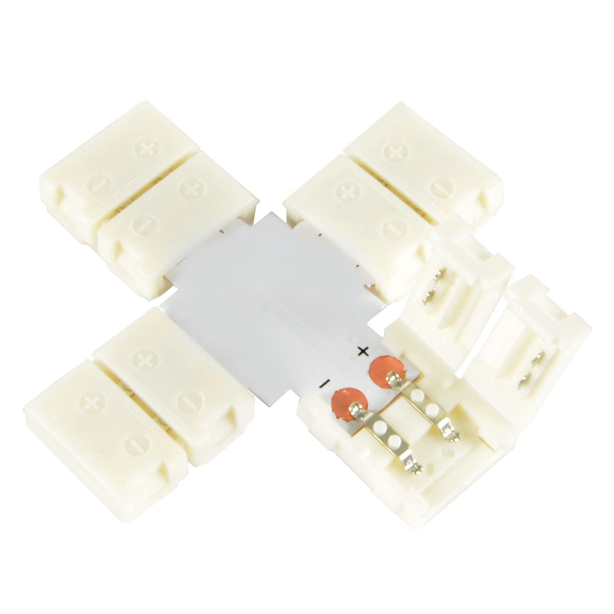 The LYYT Single Colour LED Strip X Connector 10mm (5 Pack) features a cross-shaped design with four ports, each clearly marked with positive and negative polarity symbols. Ideal for connecting professional LED tape light strips at right angles, these connectors ensure seamless integration into any lighting setup.