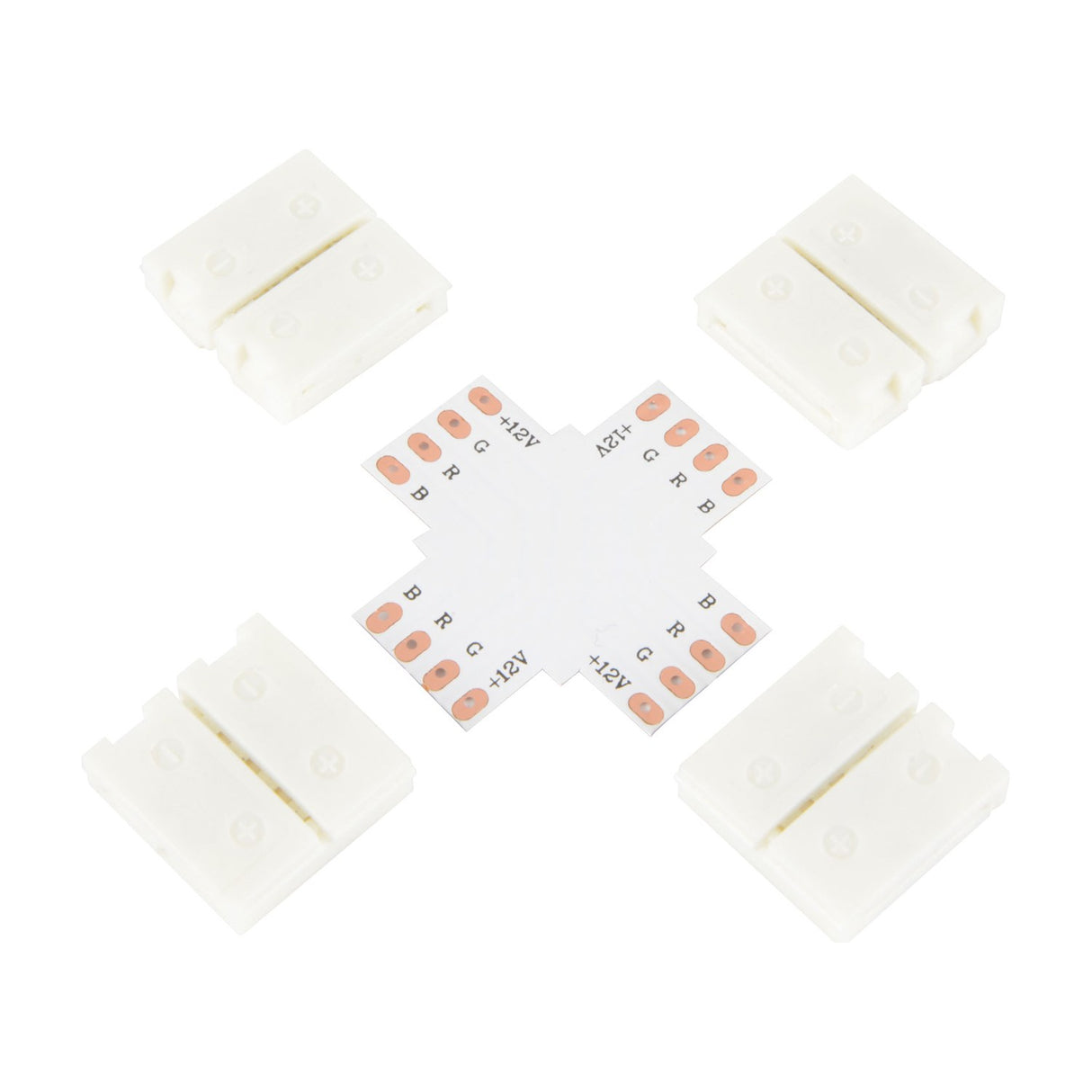 LYYT RGB LED Strip X Connector 12mm shown as a cross-shaped PCB with RGB and 12V pads, alongside four white snap-fit clip housings on a white background.