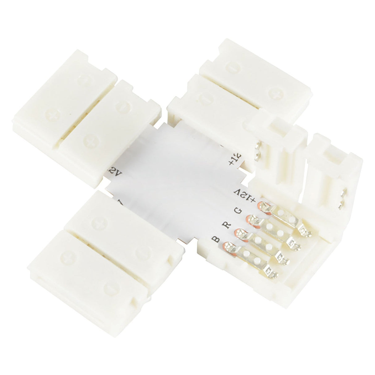 The LYYT RGB LED Strip X Connector 12mm (5 Pack) is a white, four-way snap-fit connector featuring open connectors specifically designed for RGB LED light strips. The center presents an exposed circuit board with clearly labeled contact points to ensure easy installation and seamless compatibility with Lyyt professional RGB LED tape systems.