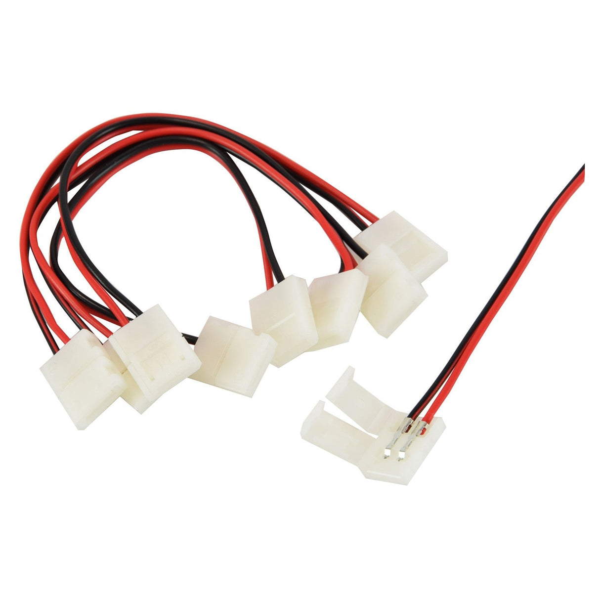 The LYYT DIY Single Colour Flexible Link (5 Pack) consists of flexible LED links enclosed in white plastic casings, connected by red and black wires. Several LED tape connectors are linked together, each featuring two wires joined at one end, all set against a plain white background.