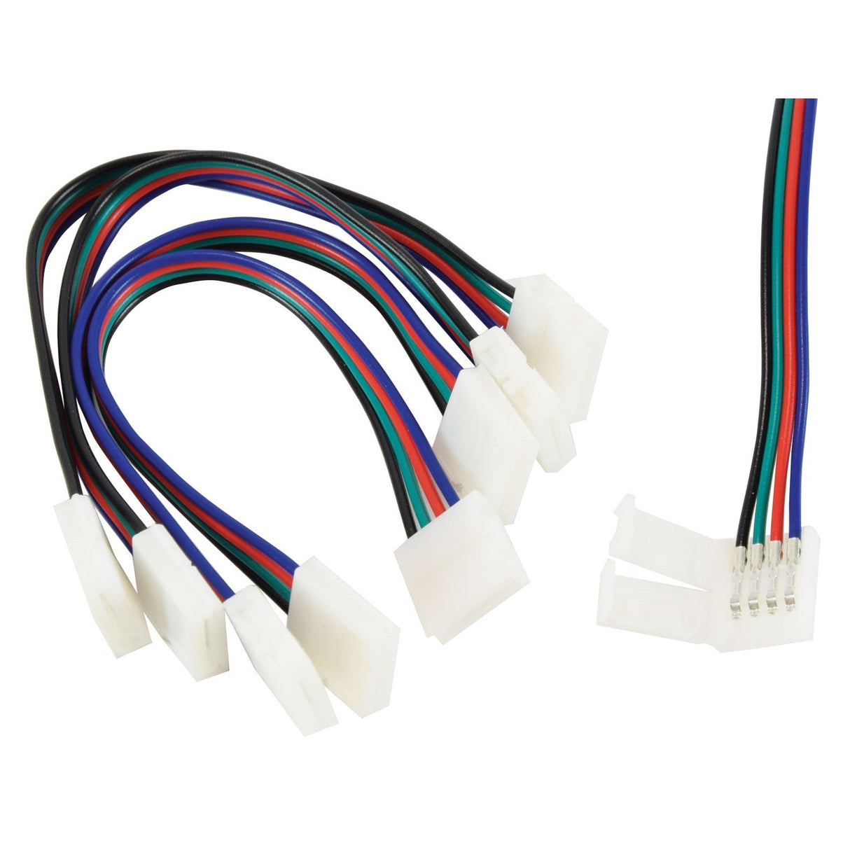 The LYYT DIY RGB Flexible Link (5 Pack) includes multicolored wires with white connectors, perfect for RGB LED accessories, featuring strands in red, green, blue, and black. These solderless connections are showcased on a white background.