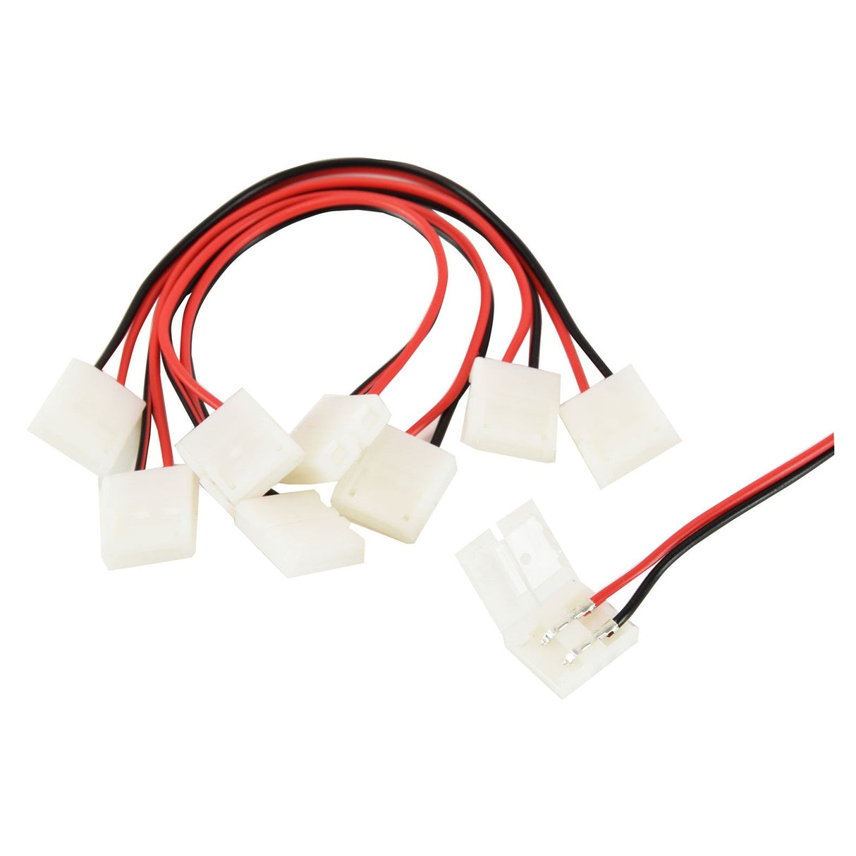 A set of LYYT Professional Single Colour Flexible Links (5 Pack) with red and black wires attached. The solderless LED connection system features flexible LED links, each displaying positive and negative color coding on a plain white background.