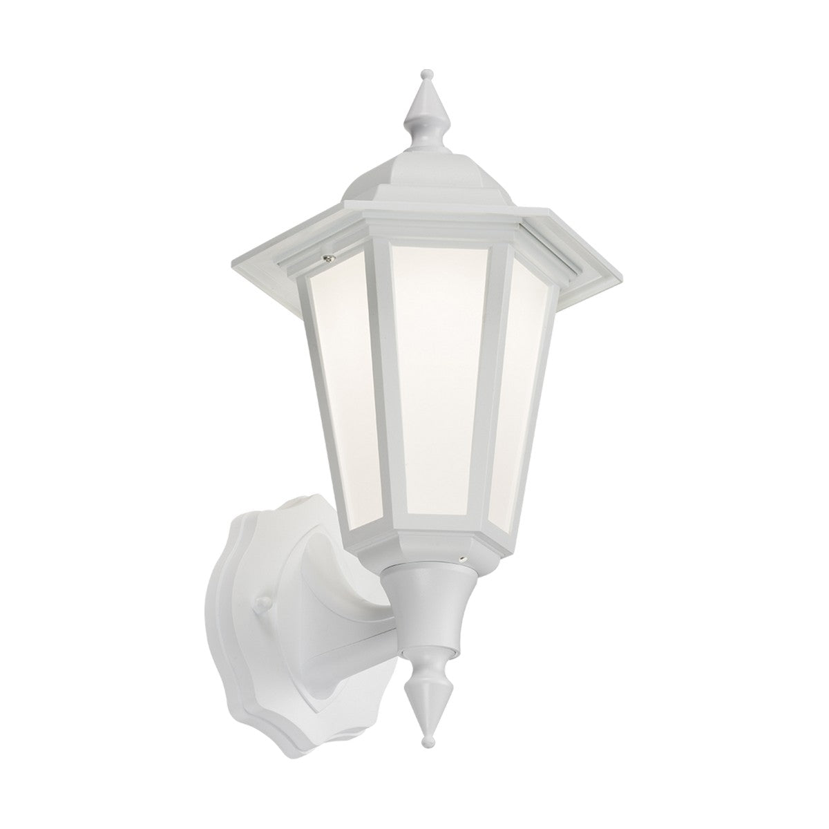 The Outdoor LED Wall Lantern - White features a classic design with a tapered, hexagonal structure and clear glass panels. It emits a cool white glow and has an IP54 rating, providing both durability and a traditional aesthetic when mounted on a plain wall.