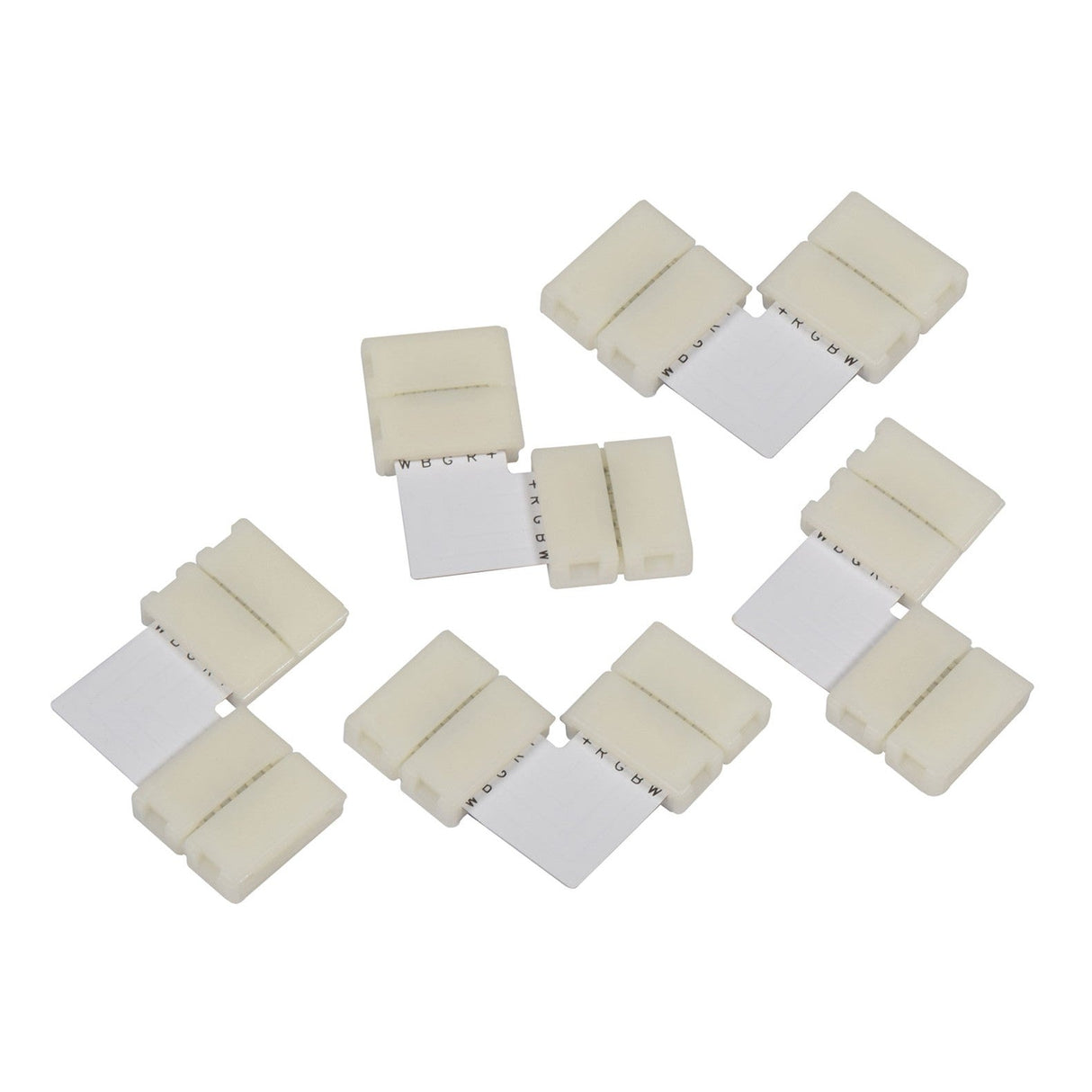 A collection of LYYT RGBW L Connectors, vital installation accessories for RGBW LED tape, is displayed against a simple background. Each white plastic connector features two halves joined by a hinge, with exposed metal contacts designed to secure the light strips.