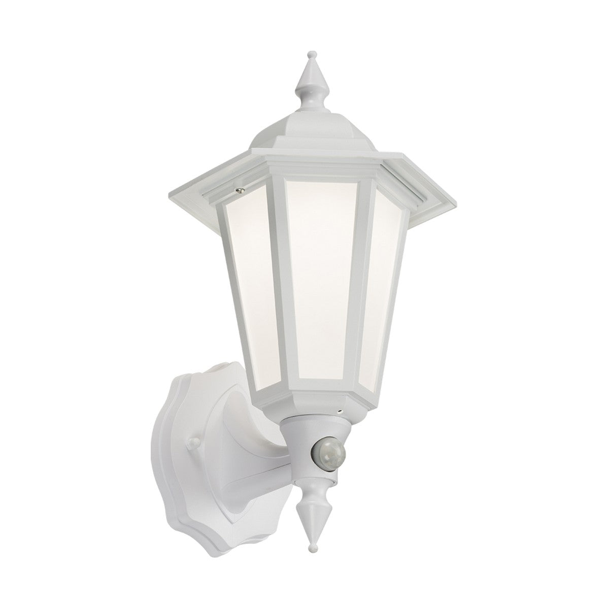 The Outdoor LED Wall Lantern With PIR - White features a traditional design with four glass panels and decorative finials. It has a motion sensor for added security and emits a cool white glow, mounted on a wall bracket.