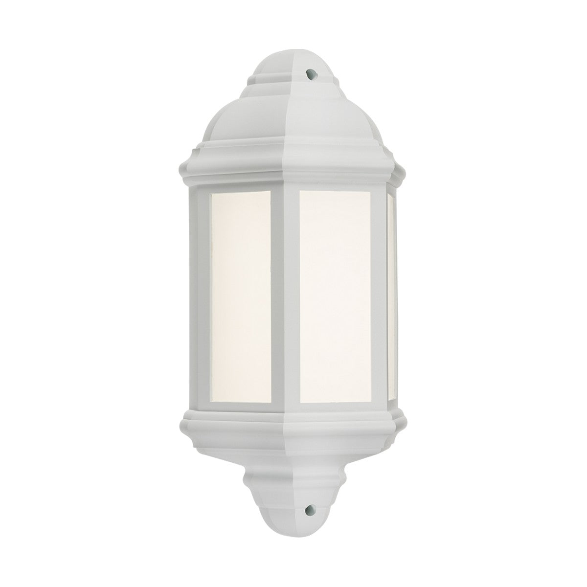 The Outdoor LED Half Wall Lantern in white features a classic rectangular design with frosted glass panels. It's designed for flat surface mounting and operates at 230V IP54, making it ideal for both outdoor and indoor environments, while delivering a warm and inviting light.