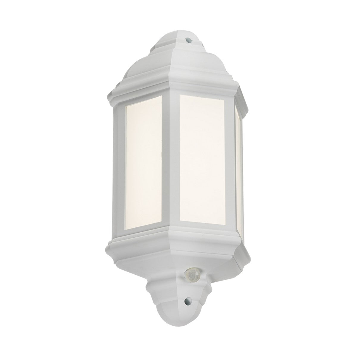 The Outdoor LED Half Wall Lantern With PIR - White features a classic design with frosted glass panels and an integrated PIR sensor to enhance security. Emitting a cool white glow, this fixture mounts vertically, providing both stylish and practical exterior lighting.