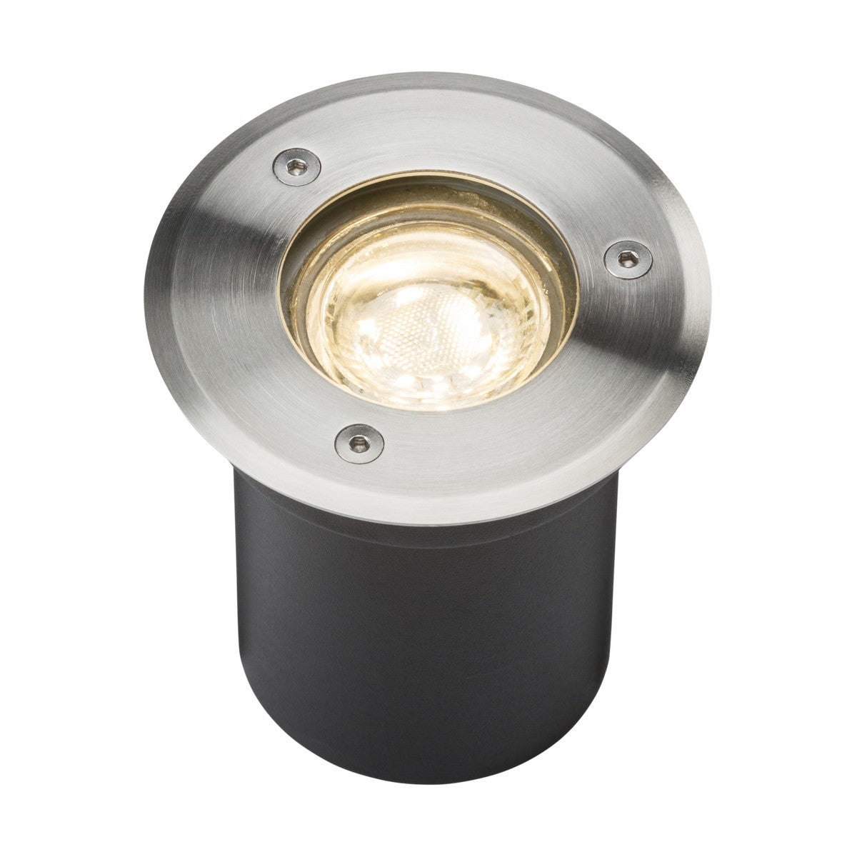 The Outdoor 3W LED Recessed Ground Light Stainless Steel features a round design and a black cylindrical base, providing a warm white lumens glow. It is elegantly illuminated, with the metal rim secured by three screws.