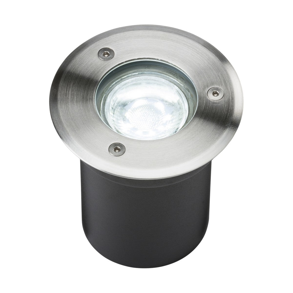 The Outdoor 3W LED Recessed Ground Light - 6000K includes a stainless steel trim and glass cover, along with a black cylindrical housing designed for in-ground installation. This outdoor lighting fixture provides an IP65 rating, guaranteeing durability and protection against the elements.