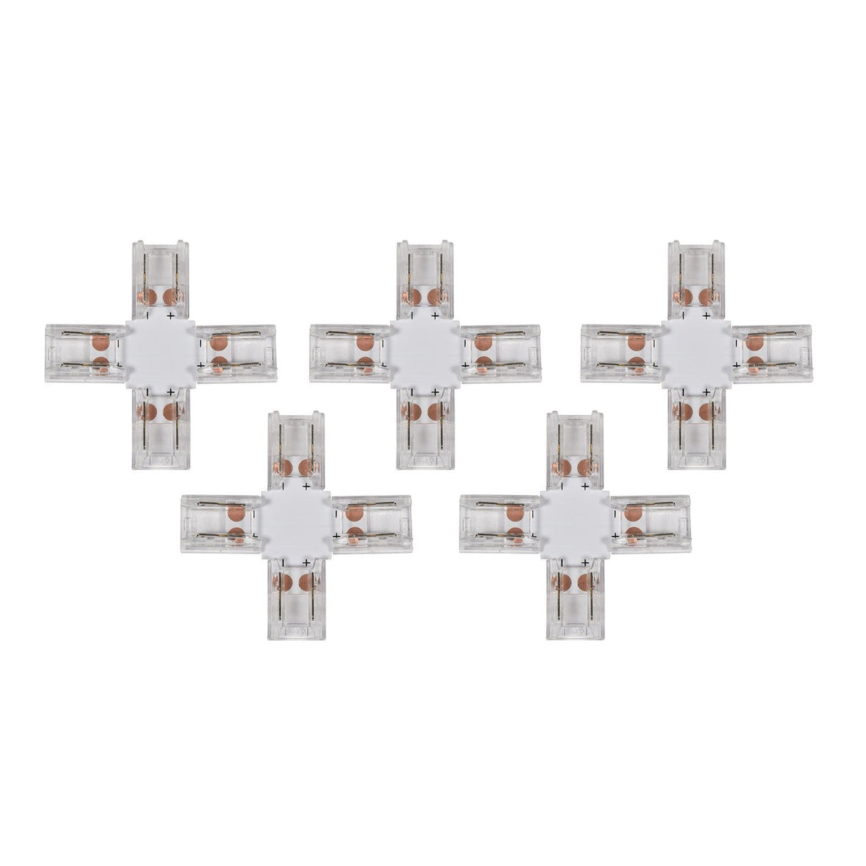 Five LYYT 1 Colour COB Connectors are arranged in a grid on a white background, creating a seamless effect similar to COB LED strip installations. These connectors are X-shaped, transparent plastic with visible internal components.