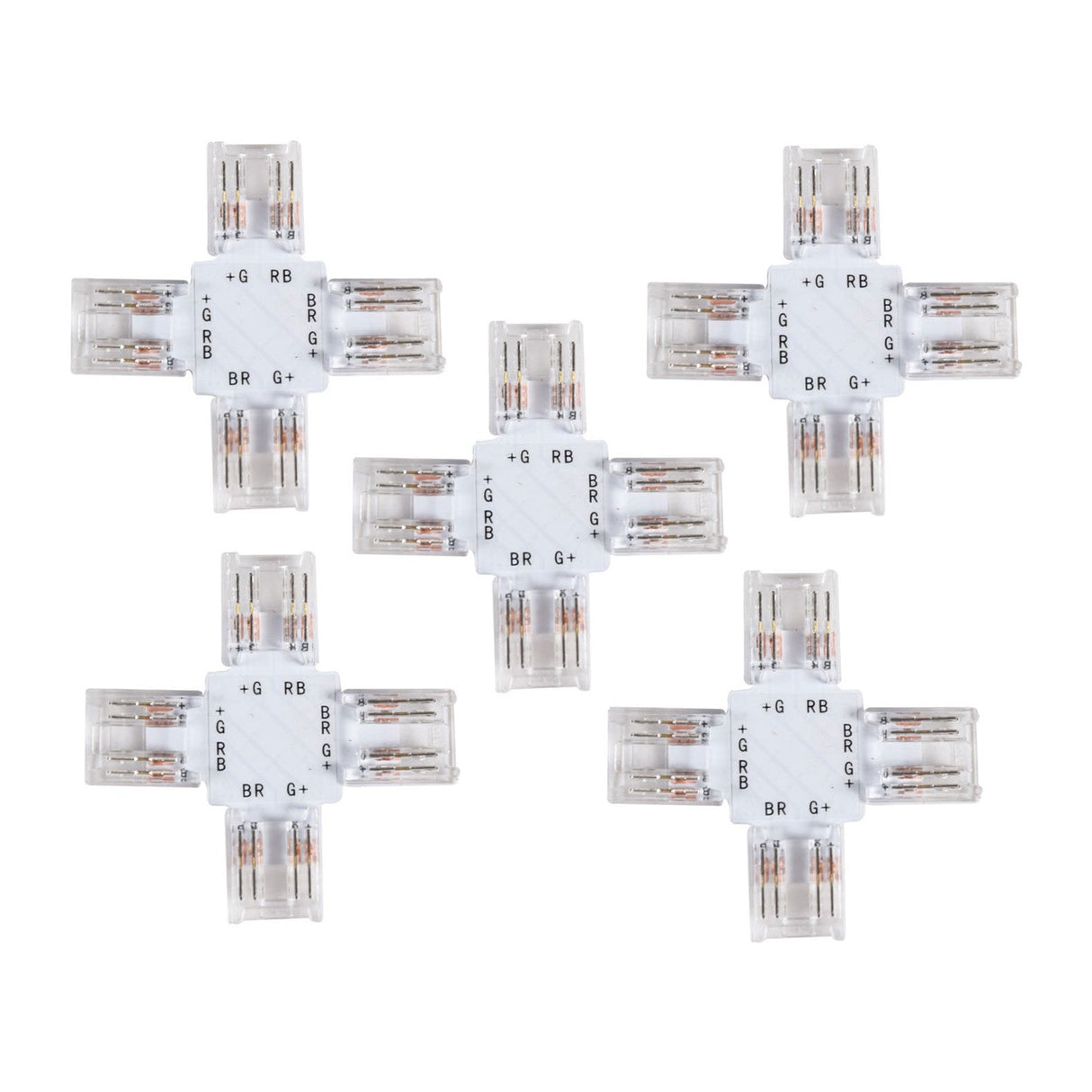 A set of five LYYT RGB COB Connector X pieces, perfectly arranged in a cross shape. Each transparent connector features labeled prongs for RGB, ensuring a seamless finish and revealing internal wiring compatible with an RGB COB LED Strip.