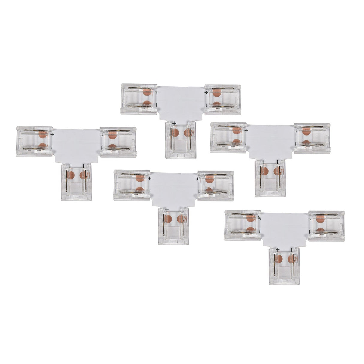 Five LYYT 1 Colour COB Connector T pieces, designed for COB LED strips, are laid out in a staggered formation on a white background, resulting in a seamless appearance.