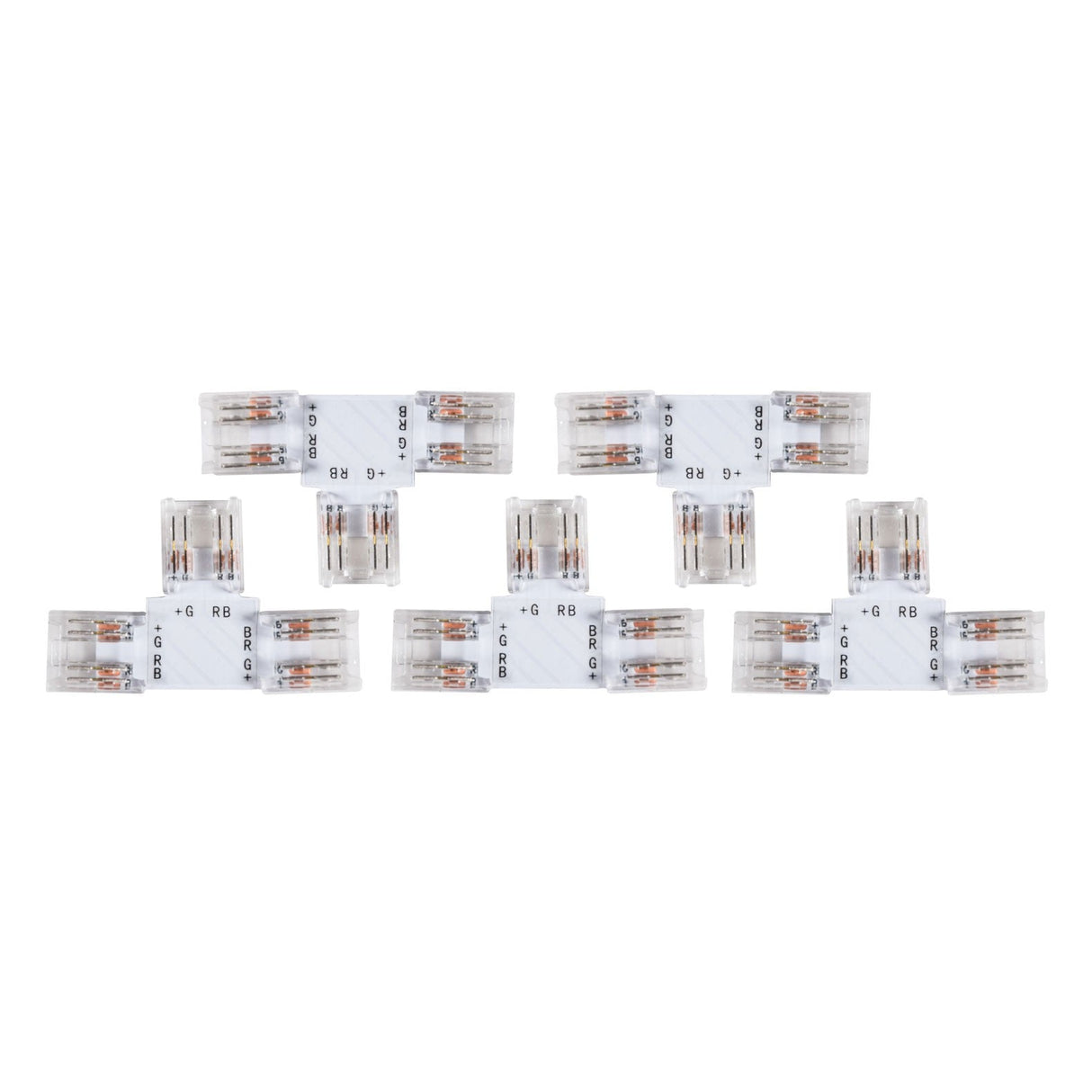 Photograph featuring seven transparent, L-shaped connectors from the LYYT RGB COB Connector T (5 Pack) set, arranged in a geometric pattern on a white background. The connectors display visible metal contacts inside, designed to ensure seamless integration with RGB COB LED strips.