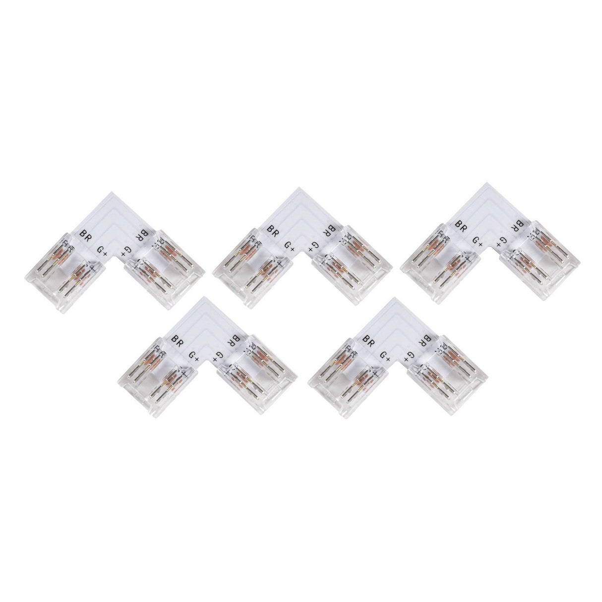 The LYYT RGB COB Connector L (5 Pack), made from clear plastic with three ports, is displayed in a V pattern on a white background. These solderless connectors offer a seamless effect, making wiring easy and efficient for use with RGB COB LED strips.
