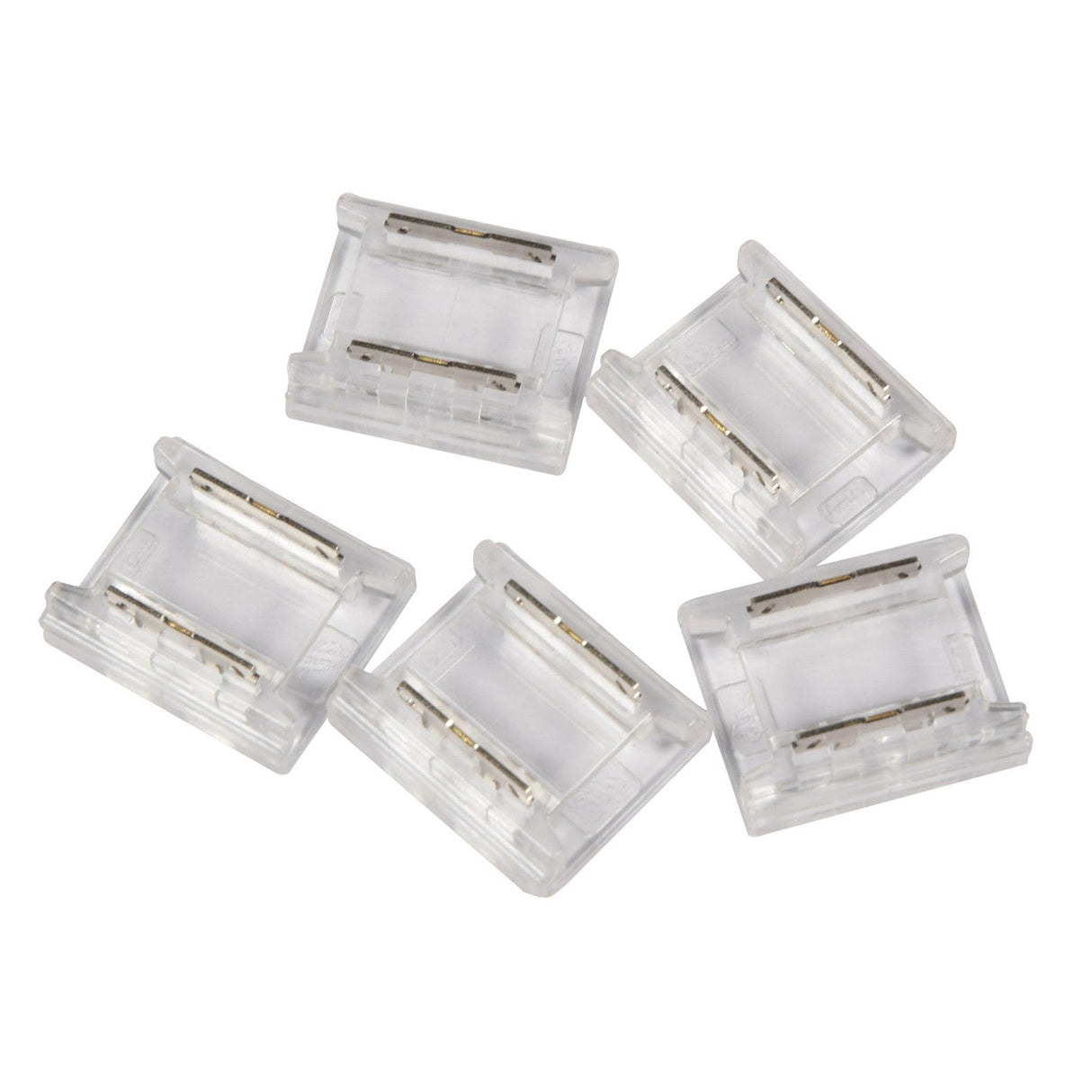 Five LYYT Single Colour COB Connectors, made from transparent plastic with metal components, are arranged on a white background to create a seamless effect when paired with solderless connectors.