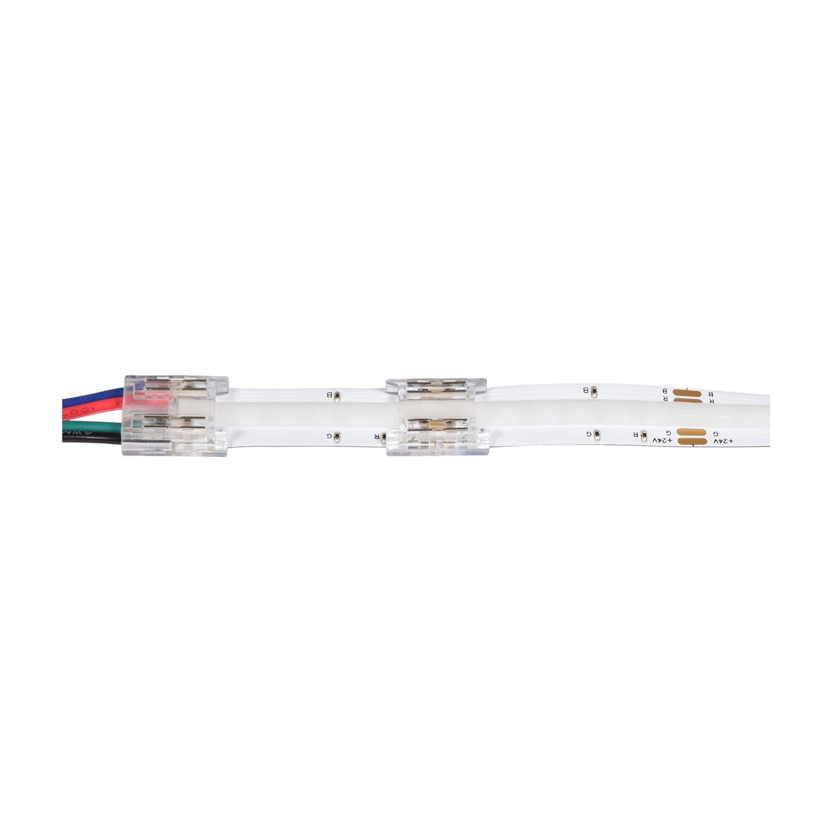 LYYT RGB COB LED strip connectors joining a 10mm strip to a four-wire lead, with clear housings and visible contacts on a white background.