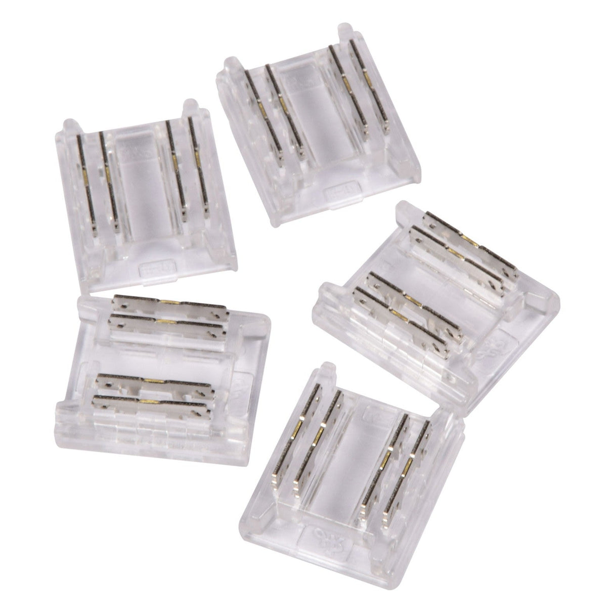 Five LYYT RGB COB Connectors, crafted from transparent plastic and resembling solderless connectors, are arranged randomly on a white background. Each connector features two metal slots designed to securely fasten components, creating a seamless appearance in their design.