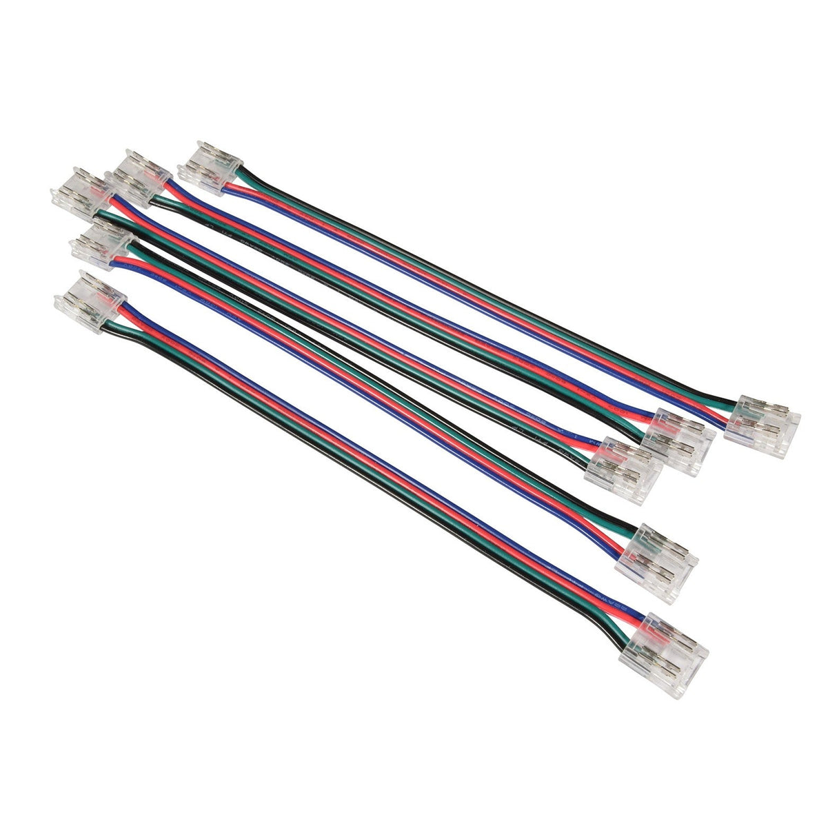 The LYYT RGB COB Flexible Link (5 Pack) includes five connector cables with red, green, blue, and black wires terminating in a clear plastic connector. These solderless connectors allow for simple assembly and seamless integration into your lighting projects.