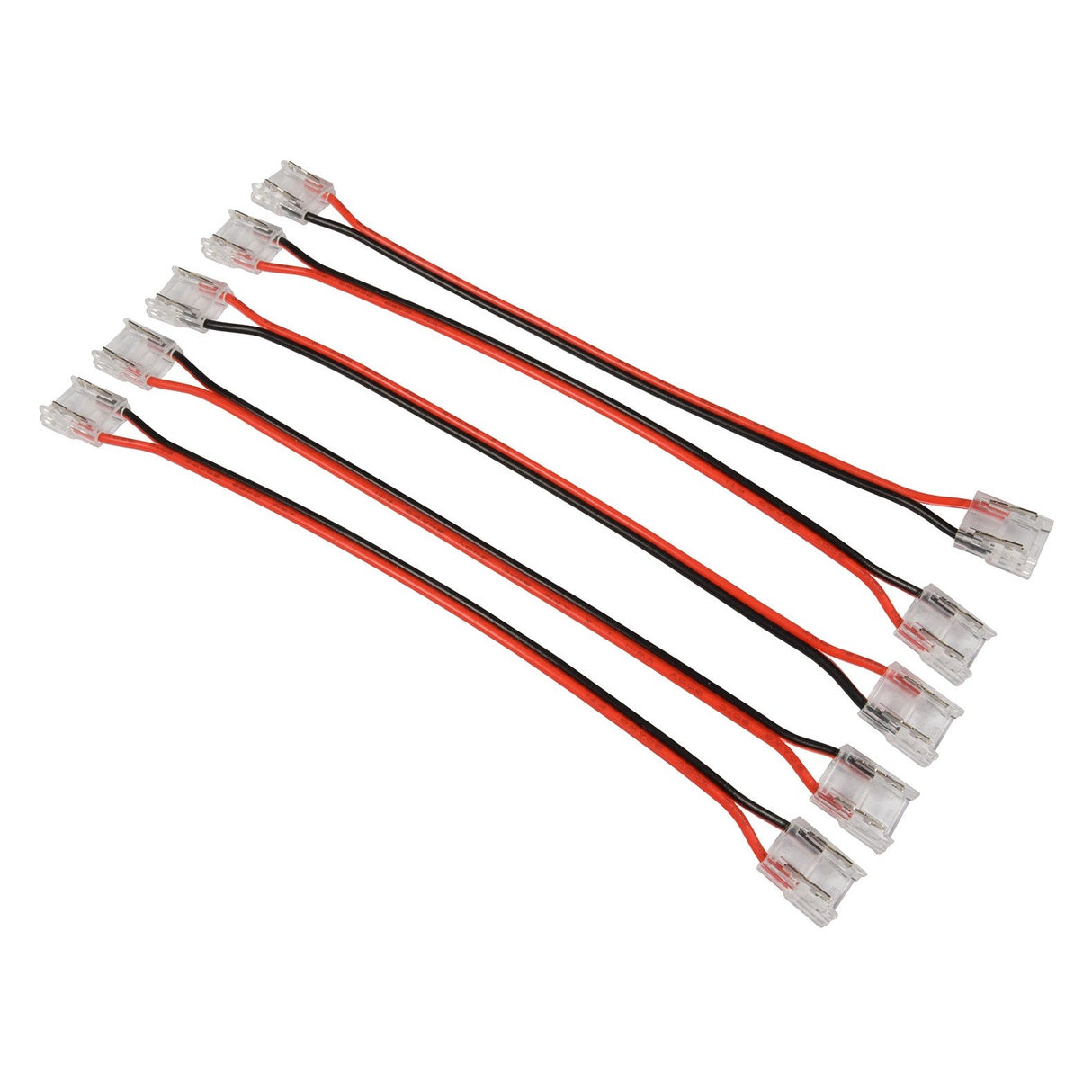 Five packs of LYYT Single Colour COB Flexible Link cables, each featuring six pairs of electrical wires with red and black insulation, terminate in transparent COB strip connectors. The solderless double-end connectors facilitate seamless integration, with all wires aligned parallel on a pristine white background.