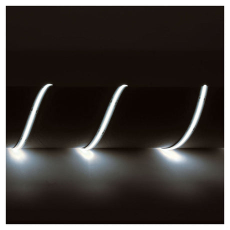 LYYT 24V COB LED Strip Light in a 5m length, rated at 6500K, arranged in a wave pattern on a dark background, casting a seamless and soft glow.