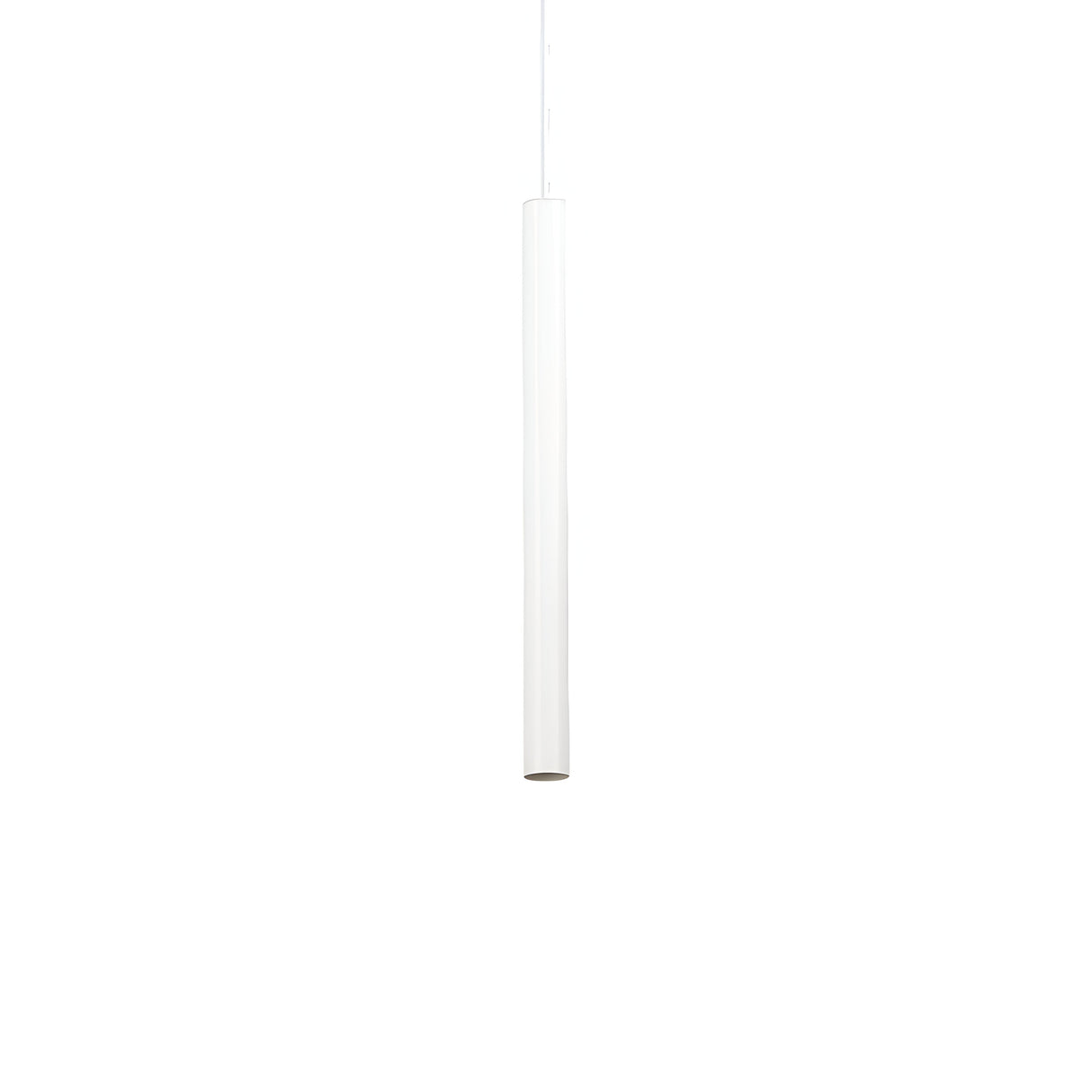 A modern Luxora LED Round Light Pendant in white, featuring a minimalist cylindrical design, elegantly hangs from the ceiling against a plain white background.