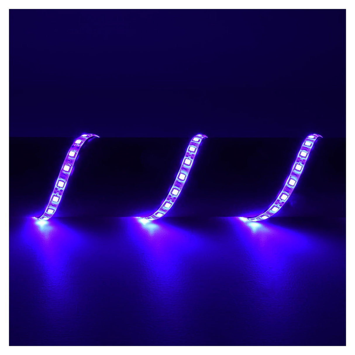 The LYYT 12V UV LED Strip Light - 60 LED/m casts a vibrant purple glow with its curved design, enhanced by an ultraviolet effect against the dark background.