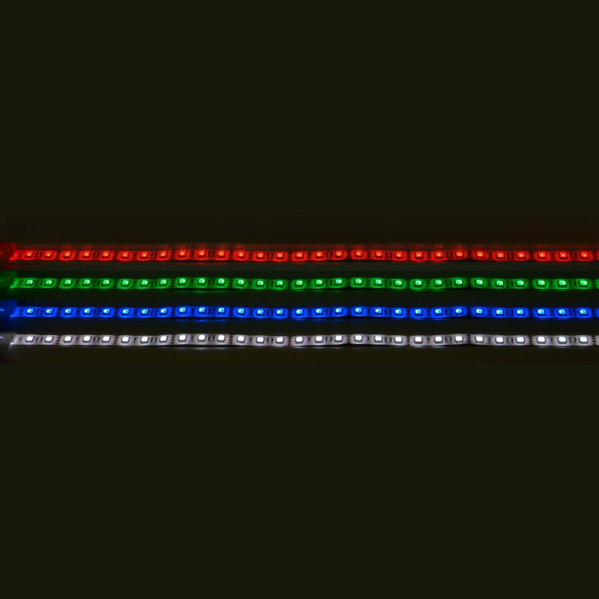 The LYYT 24V RGB LED Strip Light 5m—featuring 60 LEDs per meter—shines brilliantly in red, green, blue, and white against a black background. IP65 rated for durability, its perfect for vivid color displays.