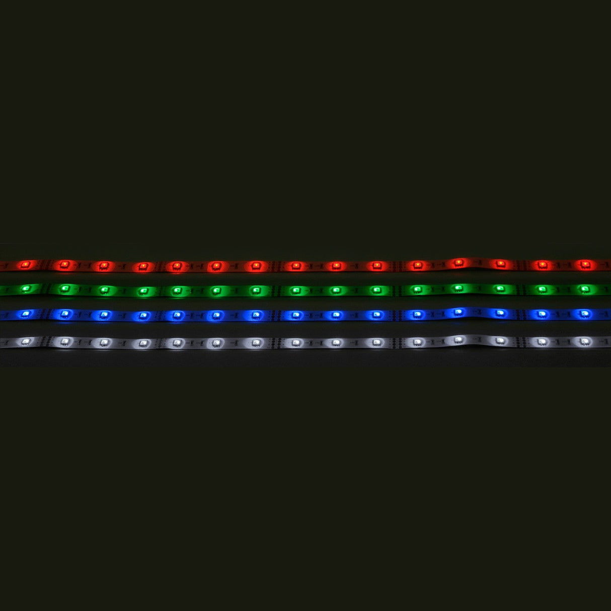 A photo showcasing the LYYT 24V RGB LED Strip Light 5m - 30 LED/m, featuring four rows of brightly lit segments against a black backdrop. The first row glows red, followed by green, blue, and white—demonstrating its energy efficiency and vivid illumination.