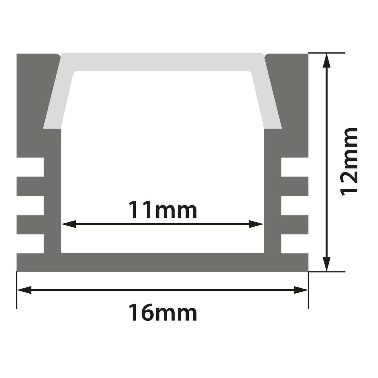 Cross-sectional diagram of the LYYT Deep Section Surface Mount LED Profile - 1m, showing external width 16mm, internal width 11mm, and external height 12mm marked with arrows and labels on the thick gray outline.