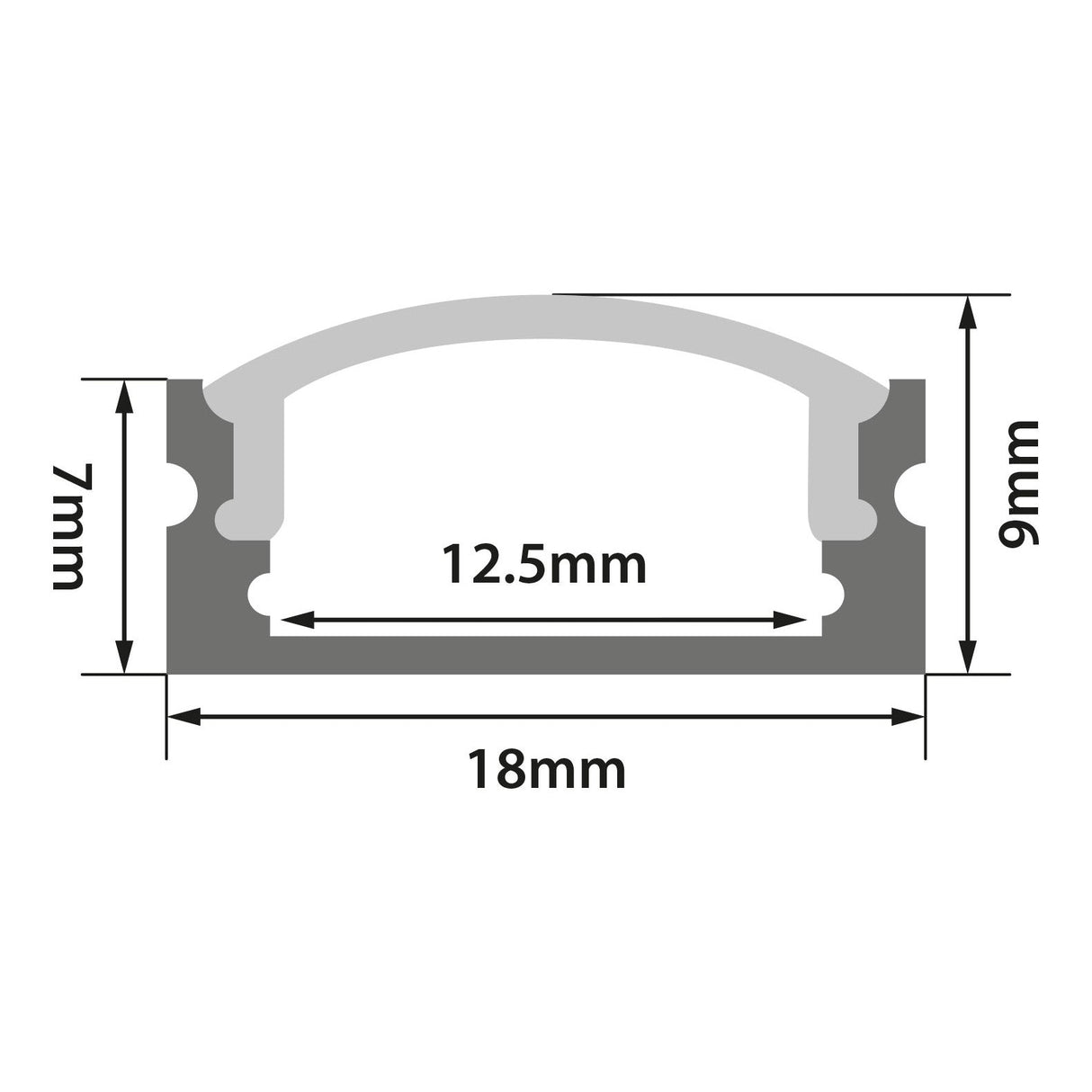 Cross-sectional diagram of the LYYT Short Crown Surface Mount LED Profile 1m - Frosted, showing curved top and dimensions: 18mm wide, 12.5mm inner width, height 7mm (left) and 9mm (right)—ideal for use with a frosted diffuser.
