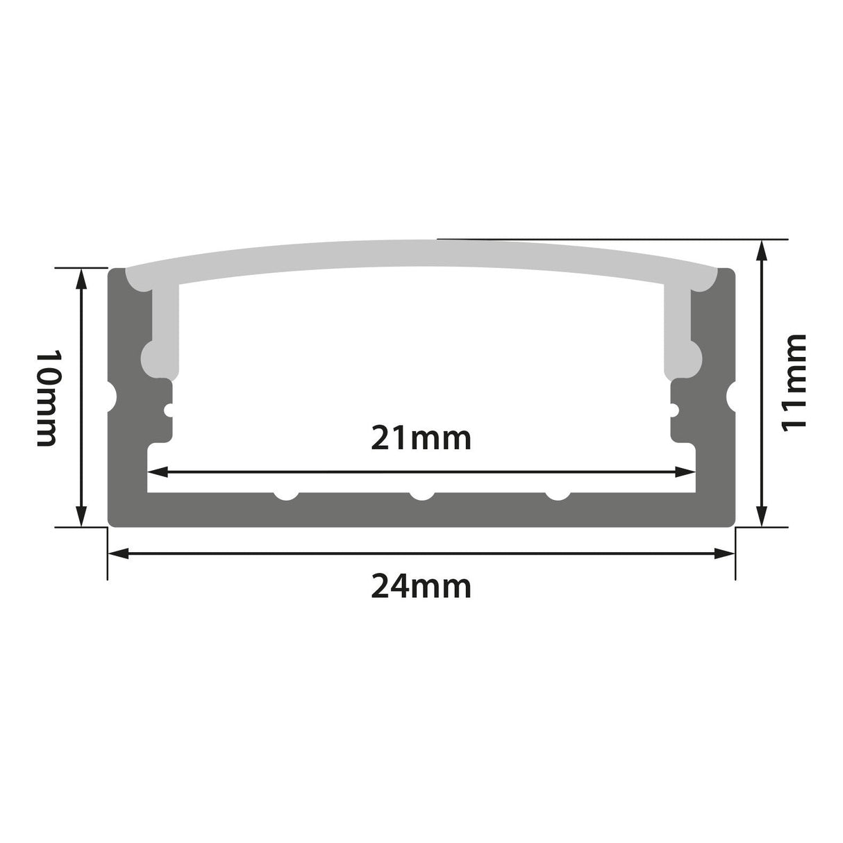 Diagram showing the cross-section of the LYYT Wide Crown Surface Mount LED Profile 1m - Frosted: 24mm wide, 11mm tall (right), 10mm tall (left), and 21mm internal width, with a rectangular shape, slightly arched top, and frosted diffuser.