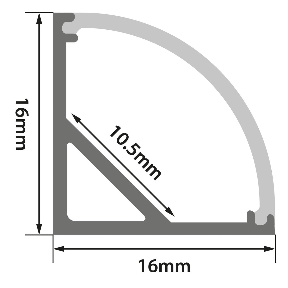 Technical diagram of the LYYT 90° Arc Surface Mount LED Corner Profile - 2m, showing a cross-section with curved top and labeled dimensions: 19mm height, 16mm width, and 10.5mm inner diagonal—ideal for LED tape installations.