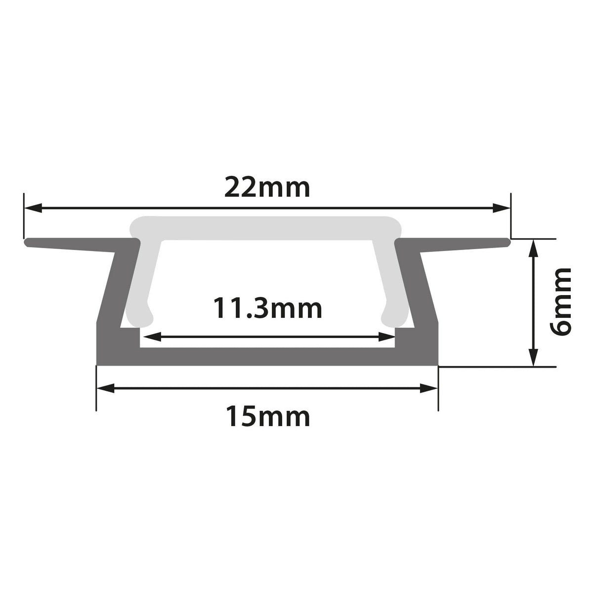 Cross-section of the LYYT Recessed LED Strip Profile - 2m: 22mm top width, 15mm base, 11.3mm inner width, and 6mm height. With angled sides and a hollow center, it’s perfect for installing LED tape under cabinets.