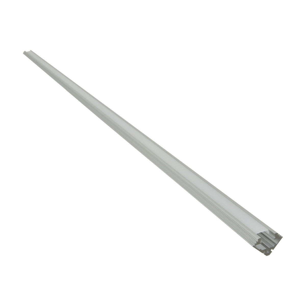 LYYT 45° angle surface mount LED corner profile in clear aluminium, 2m extruded housing with diffuser cover, shown diagonally on a plain white background.