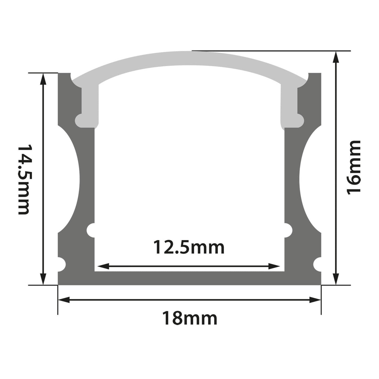 Cross-sectional diagram of the LYYT Tall Crown Surface Mount LED Profile - 2m, showing labeled dimensions: 18mm wide, 16mm tall, internal width 12.5mm, and 14.5mm from base to inner curve with arrows indicating directions.